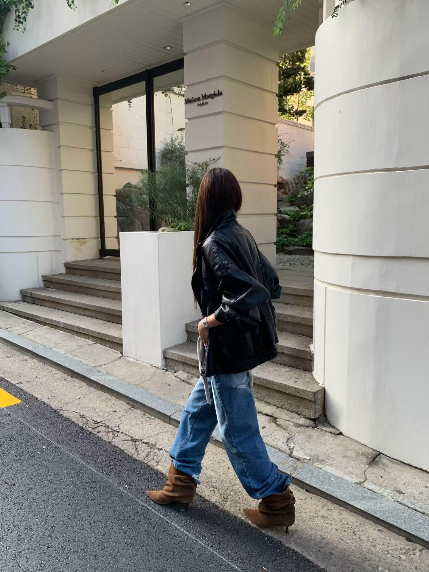 下擺縮腰多口袋皮革外套